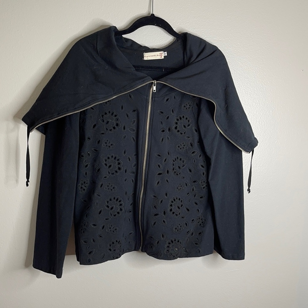 For Love & Liberty for Johnny Was Black Eyelet Zip Up Cape Style Hoodie
